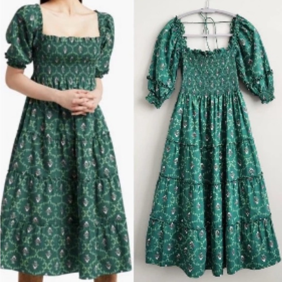Hill House Home Women’s Nesli Nap Dress Emerald Trellis Green Floral Midi XS - Picture 2 of 4